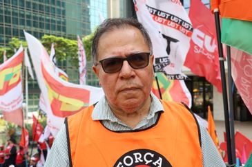 São Paulo (SP), 18/03/2025 - O secretário-geral da Força Sindical, João Carlos Gonçalves, conhecido como Juruna, participa do ato das centrais sindicais pela redução da taxa selic em frente ao prédio do Banco Central, na avenida Paulista. Foto: Rovena Rosa/Agência Brasil